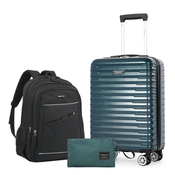 Smicure Carry On Luggage Sets 3 Piece with Spinner Wheel, Hardside Lightweight Business Suitcase with College Backpack and Travel Essentials, Green