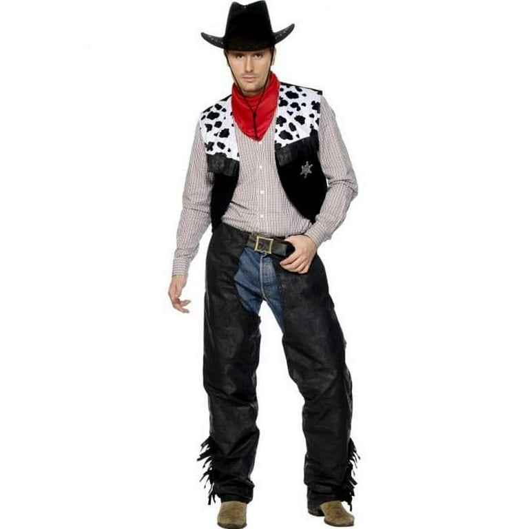Smiffys 31754M Black Cowboy Costume with Chaps, Waistcoat Belt &  Neckerchief - Medium 