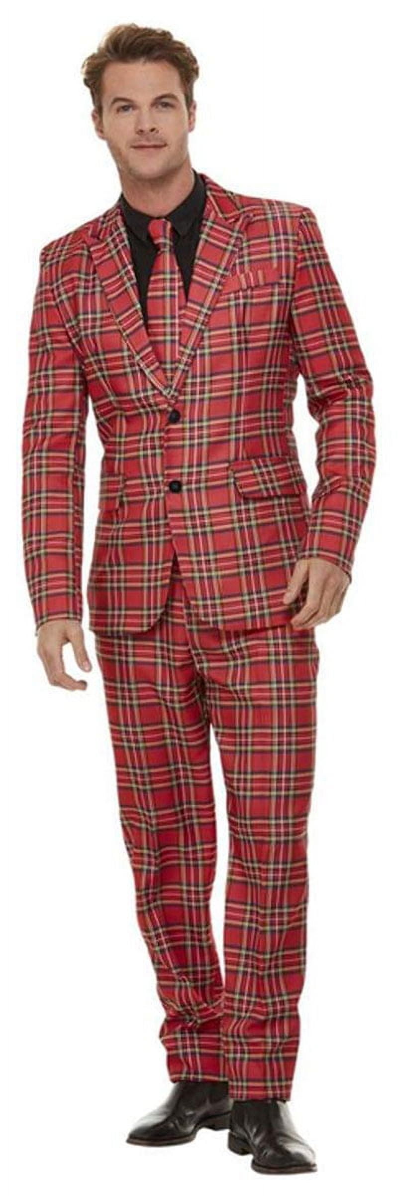 Smiffys Stand Out Red Plaid Tartan Suit Adult Mens Fun Jacket Pants Tie