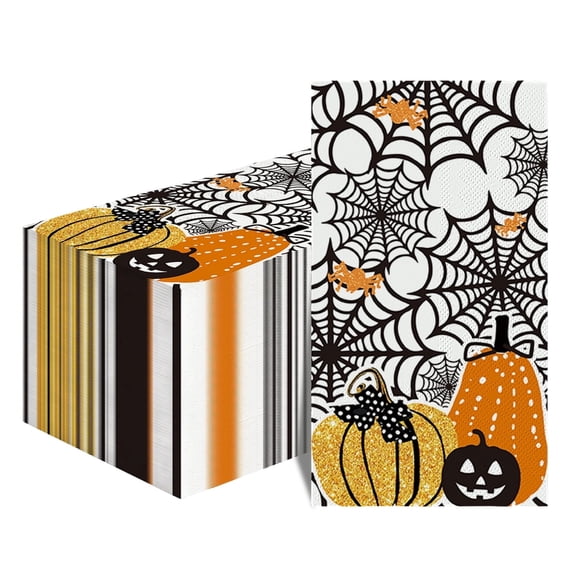 Sm:)e 100 Halloween Disposable Paper Decorative Guest Napkins, Scary Themed Cobweb Pumpkins Hand Towel for Party Lunch Dinner Kitchen Bathroom