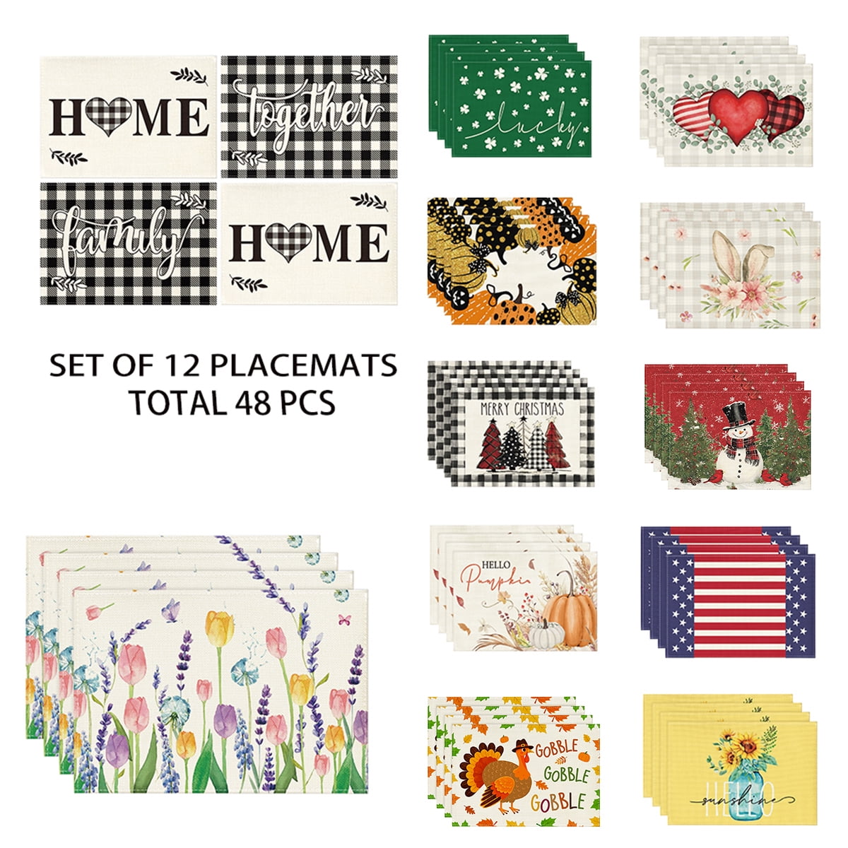 Smile 12 Set Total 48PCS Seasonal Decorative Placemats, All Season Polyester Durable Vintage Rustic Table Mats for Kitchen Home Farmhouse Cabin Decor Holiday Celebration