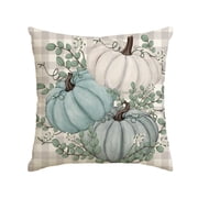 Sm:)e 18 x 18 Fall Thanksgiving Pillow Cover Buffalo Plaid, Blue Pumpkins Eucalyptus Leaves