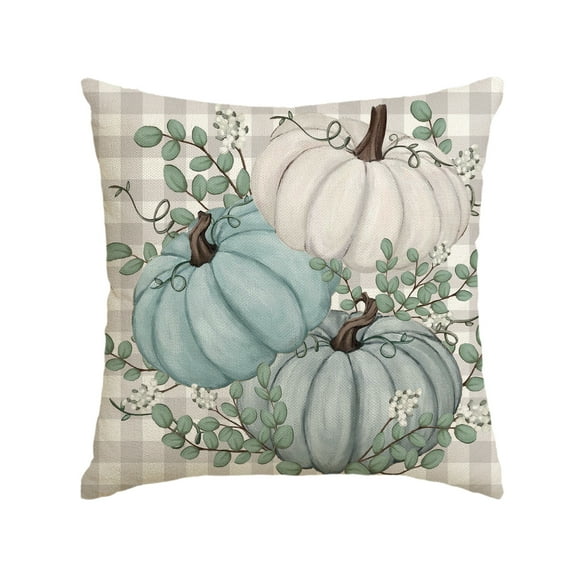 Sm:)e 18 x 18 Fall Thanksgiving Pillow Cover Buffalo Plaid, Blue Pumpkins Eucalyptus Leaves