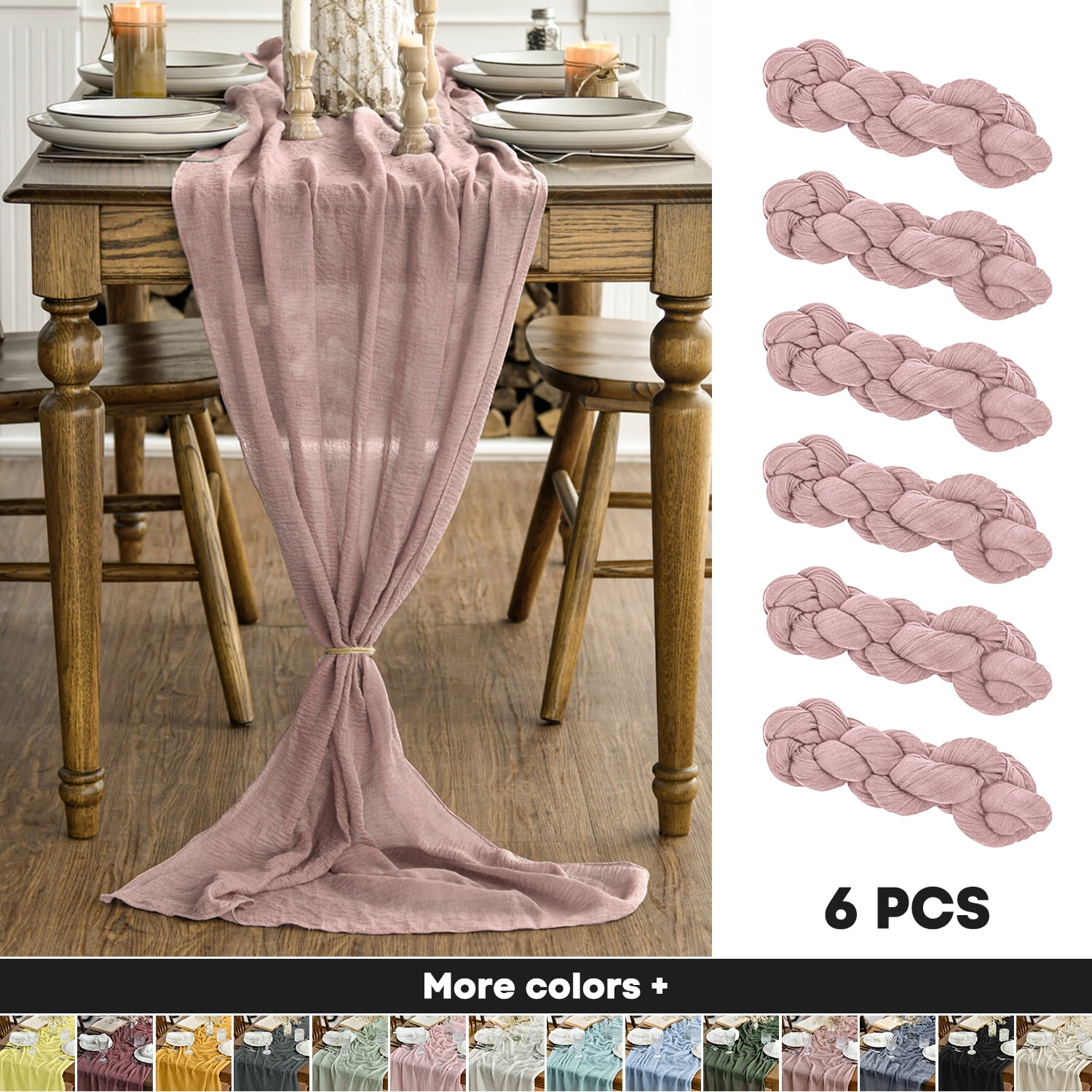 Smile 6PCS Rose Dust Gauze Table Runner, 31 x 118 Inch Set of 6 Rustic ...