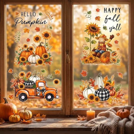 Smile 77 PCS Large Size Fall Window Cling Sticker, Thanksgiving Autumn Harvest Dogs Pumpkin Leaves for Home Party Supplies Shop Window Glass Display Decoration