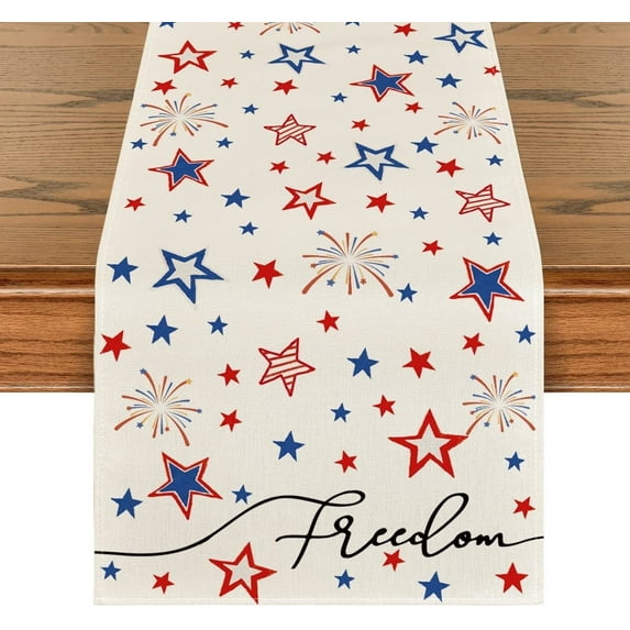 Smile American Blue and Red Star Patriotic Fourth of July Table Runner 13 x 108 Inch Off White