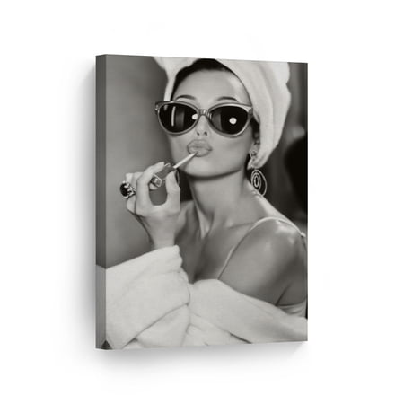 Smile Art Design Audrey Hepburn Wall Art Canvas Print Lipstick Makeup Iconic Pop Art Pretty Beauty Black and White Wall Art Living Room Bedroom Wall Decor Vintage Ready to Hang Made in USA - 12x8