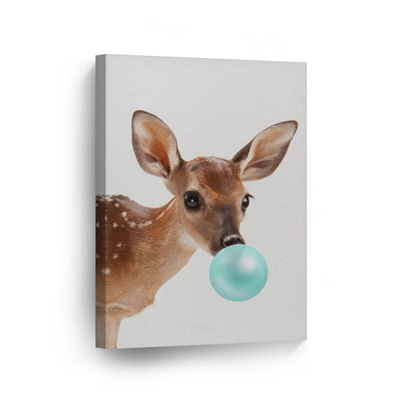 Smile Art Design Baby Deer Animal Bubble Gum Art Teal Blue Gum CANVAS PRINT Wall Art Home Decoration Pop Art Living Room Kids Room Decor Nursery Ready to Hang Made in the USA 12x8