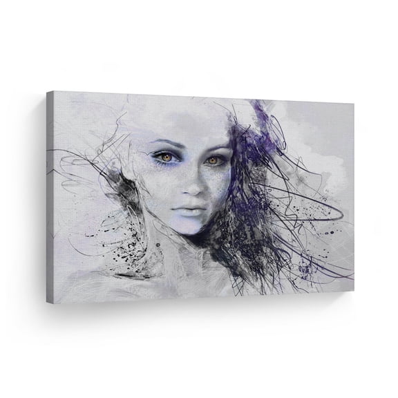 Smile Art Design Beautiful Woman Portrait Canvas Print Pencil Drawing Illustration Digital Artwork Balack and White Blue Home Decor Framed and Ready to Hang- %100 Made in the USA - 30x40