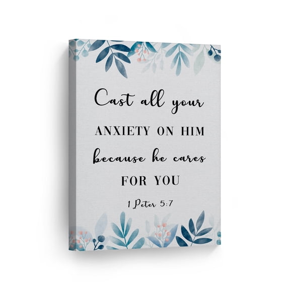 Smile Art Design Cast all your anxiety on him because he cares for you 1 Peter 5:7 Scripture Wall Art Canvas Print Bible Verse Christian Art Religious Inspirational Gift Ready to Hang 12x8