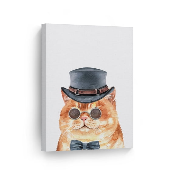 Smile Art Design Cute Cat with Hat and Sunglasses Watercolor Portrait Animal Canvas Wall Art Print Pet Owner Cat Lover Mom Dad Gift Living Room Bedroom Kids Baby Nursery Decor Ready to Hang - 36x24