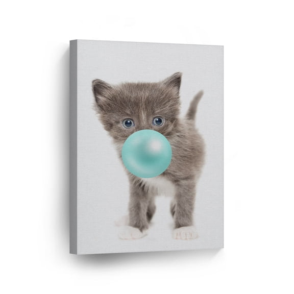 Smile Art Design Cute Cat Kitten Animal Bubble Gum Art Teal Blue CANVAS PRINT Photo Wall Art Home Decoration Pop Art Kids Room Decor Nursery Ready to Hang Made in the USA 12x8