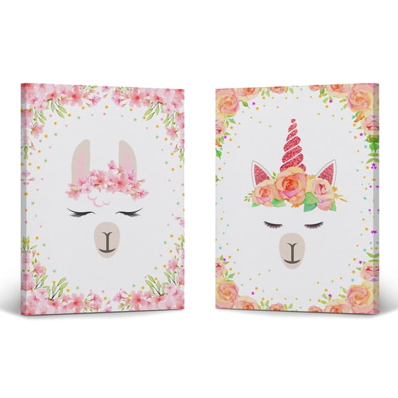 Smile Art Design Cute Lama and Unicorn Wall Decor Floral Unicorn Gift 2 Piece Set Canvas Wall Art Print Kids Room Decor Baby Room Decor Nursery Decor Ready to Hang Made in the USA-(28x19)x2