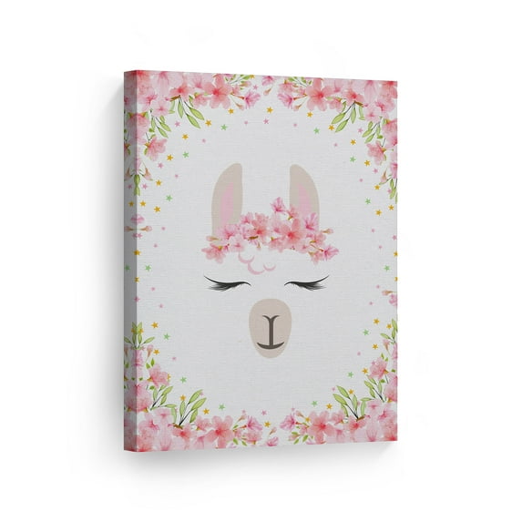 Smile Art Design Cute Lama Wall Decor Pink Floral Background Canvas Wall Art Print Kids Room Decor Baby Room Decor Nursery Decor Ready to Hang Made in the USA- 12x8