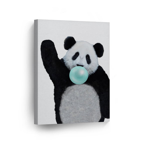 Smile Art Design Cute Panda Animal Bubble Gum Art Teal Blue Chewing Gum CANVAS PRINT Black and White Wall Art Home Pop Art Living Room Kids Room Decor Nursery Ready to Hang Made in USA 12x8