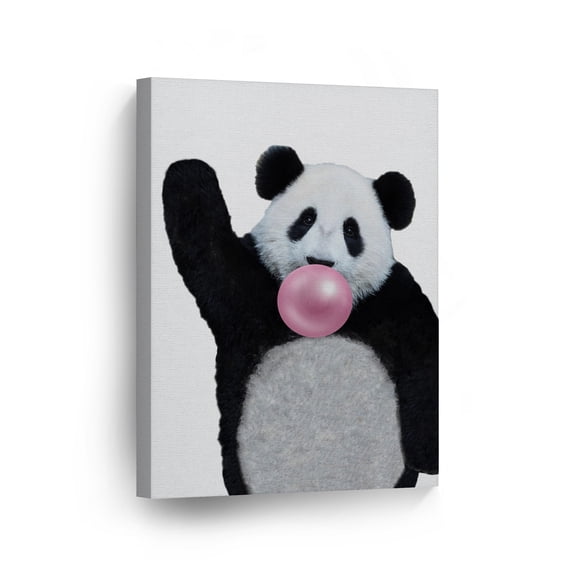 Smile Art Design Cute Panda Animal Bubble Gum Art Pink Chewing Gum CANVAS PRINT Black and White Wall Art Home Decoration Pop Art Living Room Kids Room Decor Nursery Ready to Hang Made in USA 12x8