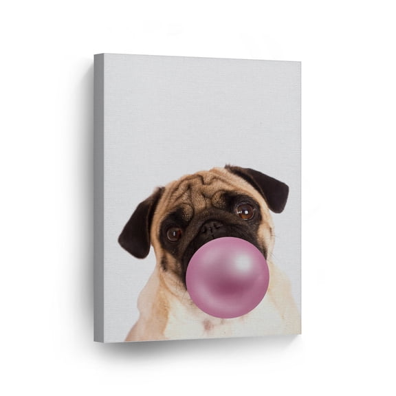 Smile Art Design Cute Puppy Pug Dog Animal Bubble Gum Art Pink CANVAS PRINT Photo Wall Art Home Decoration Pop Art Kids Room Decor Nursery Ready to Hang Made in the USA 12x8