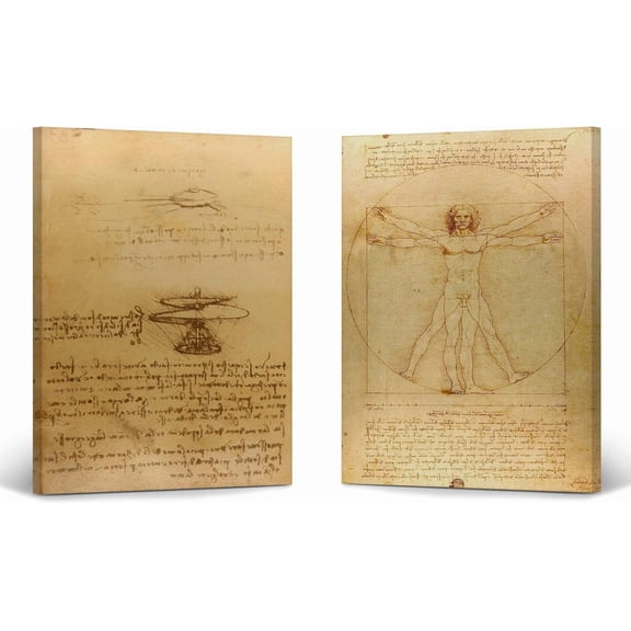 Smile Art Design Helicopter & Vitruvian Man by Leonardo Da Vinci 2 Piece Set Canvas Print Famous Art Painting Reproduction Fine Art Home Decor Ready to Hang- Made in USA- (36x24) x2