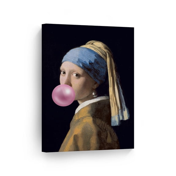 Smile Art Design Johannes Vermeer's Masterpiece Girl with a Pearl Earring Pink Bubble Gum Art CANVAS PRINT Famous Painting Wall Art Classic Art Home Decor Stretched Ready to Hang Made in USA 12x8