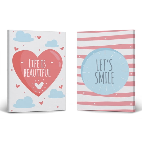 Smile Art Design Life is Beautiful Let's Smile Motivational Quote Heart 2 PANEL Canvas Wall Art Print SET Kids Room Decor Baby Boy and Girl Room Decor Ready to Hang Made in the USA (22x15)x2