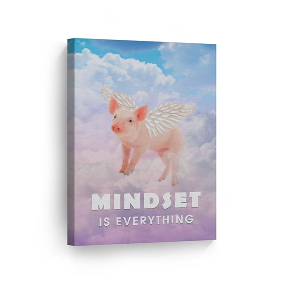 Smile Art Design Mindset is Everything Cute Pig with Wings Flying in Sky Motivational Canvas Wall Art Inspirational Wall Art Entrepreneur Quote Print Office Living Room Decor Gift Ready to Hang 12x8