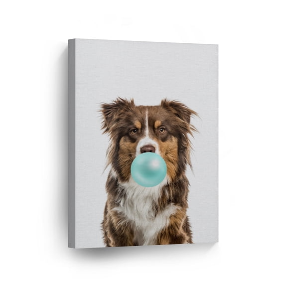 Smile Art Design Portrait of Australian Shepherd Dog Chewing Teal Blue Bubble Gum Canvas Wall Art Print Pet Dog Lover Gift Animal Pop Art Living Room Bedroom Kids Baby Nursery Room Decor 40x30