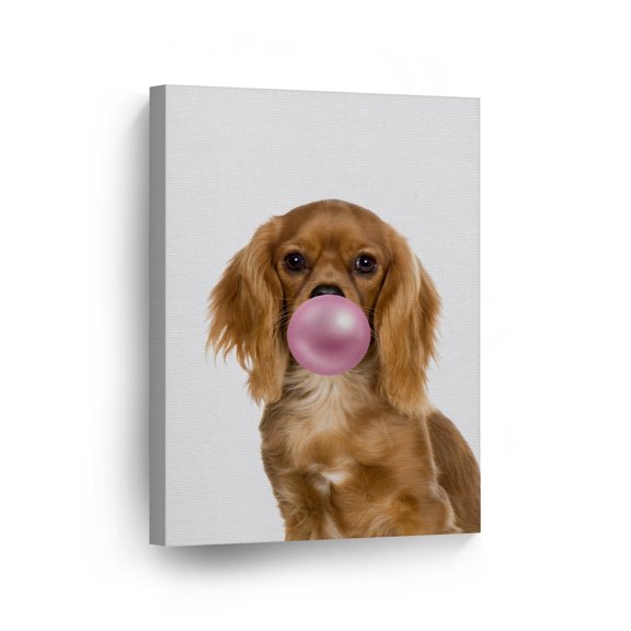 Smile Art Design Portrait of Cavalier King Charles Spaniel Dog Chewing Pink Bubble Gum Canvas Wall Art Print Pet Dog Lover Gift Animal Pop Art Living Room Bedroom Kids Baby Nursery Room Decor - 22x15