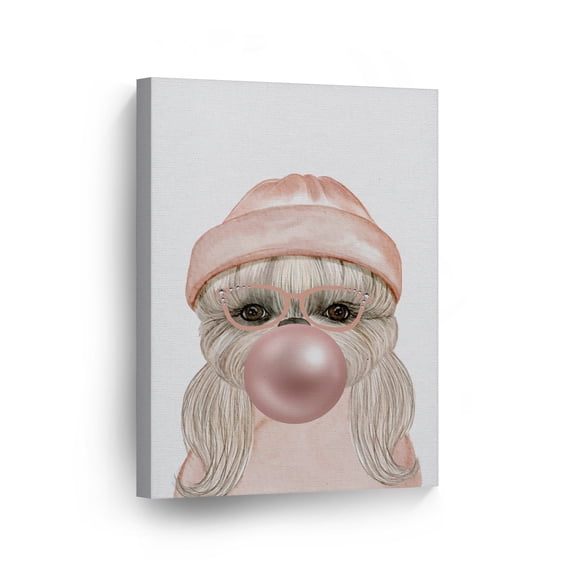 Smile Art Design Portrait of Dog with Pink Hat Chewing Pink Bubble Gum Canvas Wall Art Print Pet Dog Lover Gift Animal Pop Art Office Living Room Bedroom Kids Baby Nursery Room Decor - 28x19
