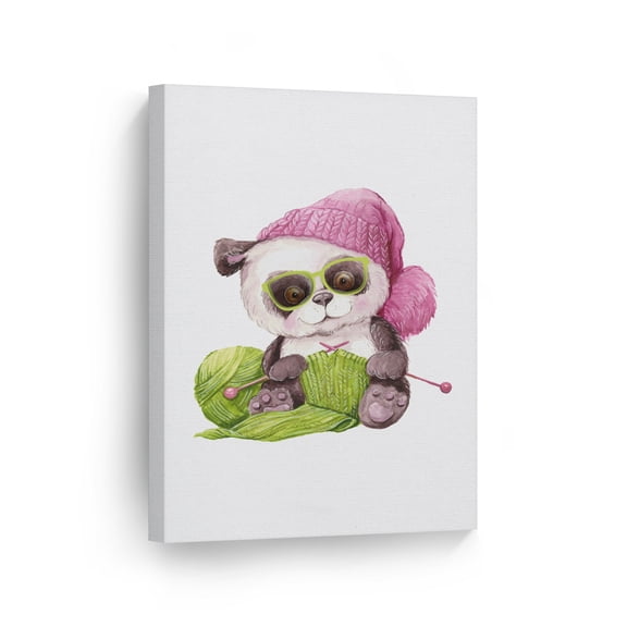 Smile Art Design Cute Panda with Pink Hat Knitting Watercolor Painting Illustration Animal Canvas Wall Art Print Office Living Room Bedroom Kids Girl Boy Baby Nursery Room Decor Ready to Hang - 17x11