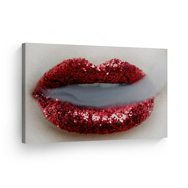 Smile Art Design Sexy Lips Canvas Print Woman Red Lip Shiny Glitter and Smoke Artwork Home Decor Framed and Ready to Hang- %100 Made in the USA - 19x28