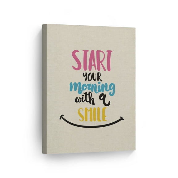 Smile Art Design Start Your Morning With A Smile Quote Hand Lettering Motivational Wall Art Canvas Print Inspirational Home Decor Ready to Hang Made in the USA- 12x8