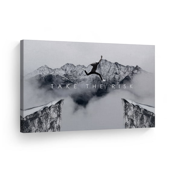 Smile Art Design Take the Risk Quote Mountain Jumping Man Motivational Canvas Wall Art Inspirational Wall Art Entrepreneur Quote Print Modern Office Living Room Decor Artwork Gift Ready to Hang 8x12