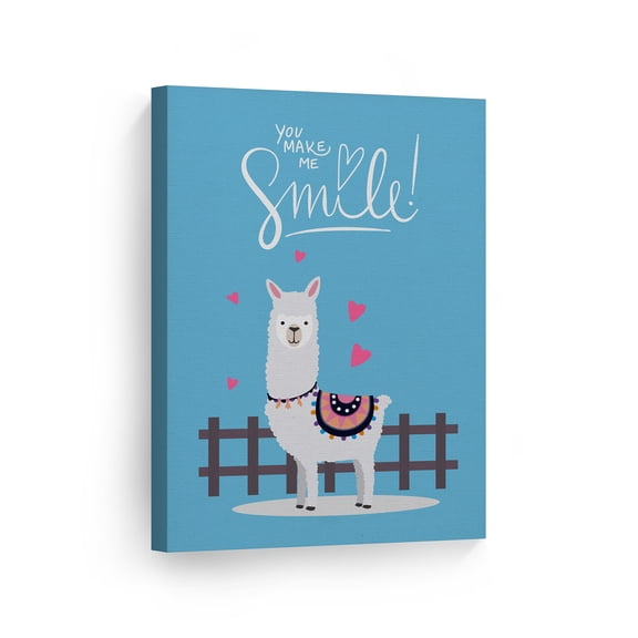 Smile Art Design You Make Me Smile! Cute Alpaca Illustration Blue Background Canvas Wall Art Print Kids Room Decor Baby Room Decor Nursery Art Nursery Decor Ready to Hang Made in the USA 36x24