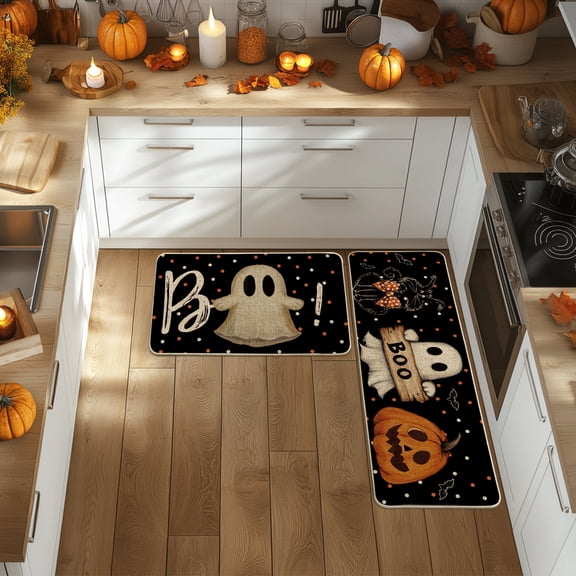 Sm:)e Polka Dot Farmhouse Ghost Boo Pumpkin Black Cats Halloween Kitchen Mats, 17"x 29", 17"x 47", Non-Slip Backing, 2 Count