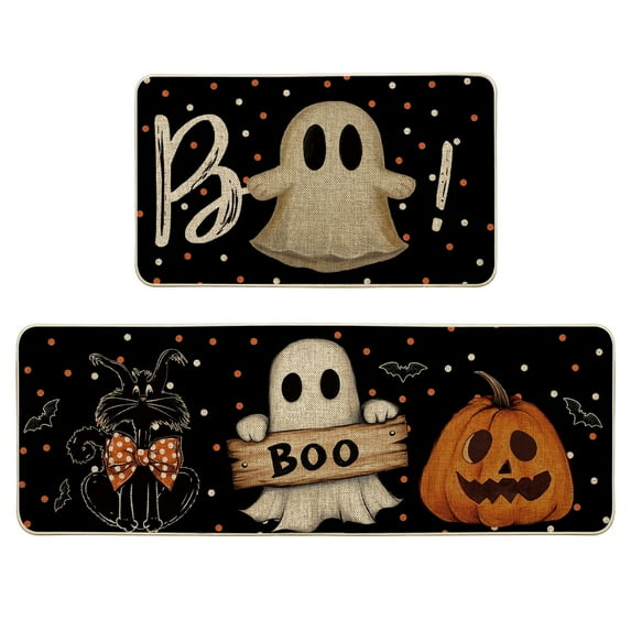 Sm:)e Bats Black Cats Boo Pumpkin Halloween Kitchen Mats Set of 2, Home Decor Low-Profile Kitchen Rugs for Floor 17x29 and 17x47 Inch