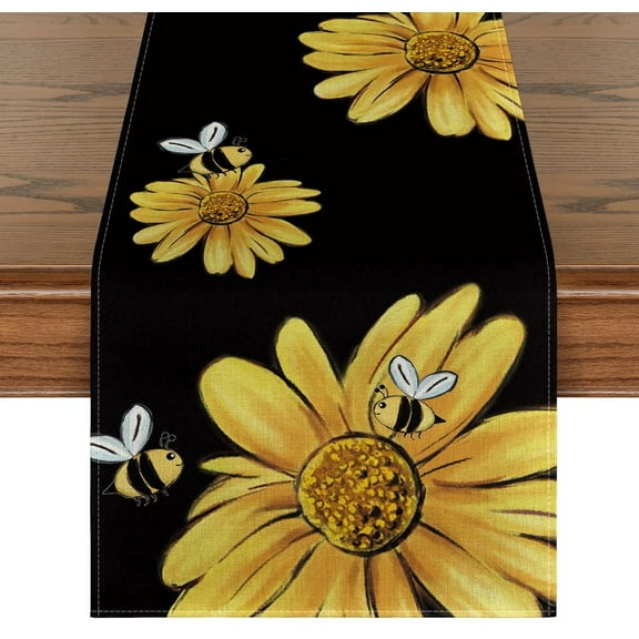 Smile Bee Sunflower Chrysanthemum Daisy Table Runner for Spring Summer 13 x 72, Black