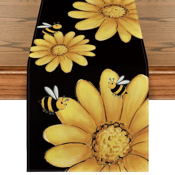 Smile Bee Sunflower Table Runner for Spring Summer 13 x 108, Black