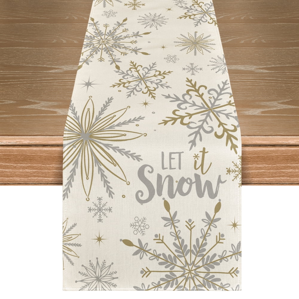 Smile Beige Snowflake Let It Snow Winter Table Runner, Seasonal Christmas Kitchen Dining Table Decoration for Home Party Decor 13x72 Inch