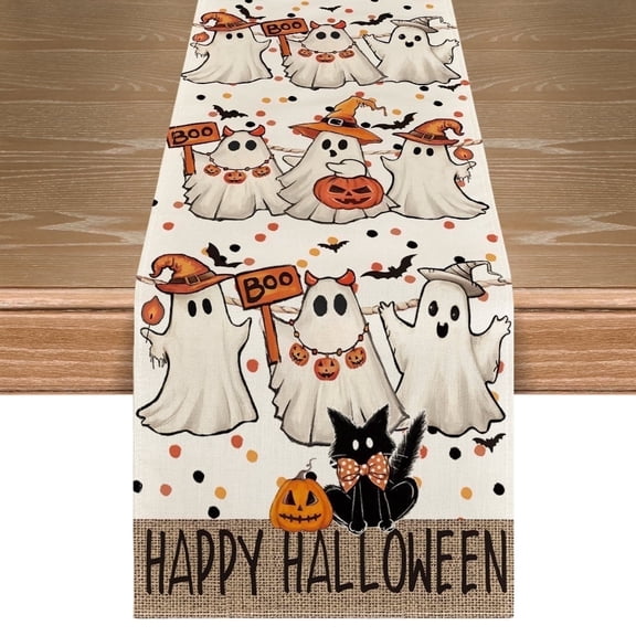 Smile Black Cat Boo Ghost Happy Halloween Table Runner 13 x 72 Inch