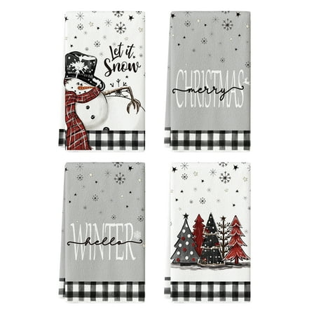 Sm:)e Black White Buffalo Plaid Snowman Xmas Trees Christmas Kitchen Dish Towels 18 x 26 Inch Set of 4