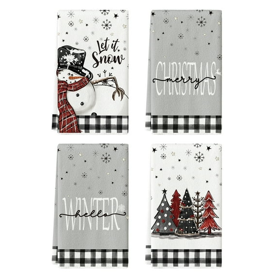 Sm:)e Black White Buffalo Plaid Snowman Xmas Trees Christmas Kitchen Dish Towels 18 x 26 Inch Set of 4