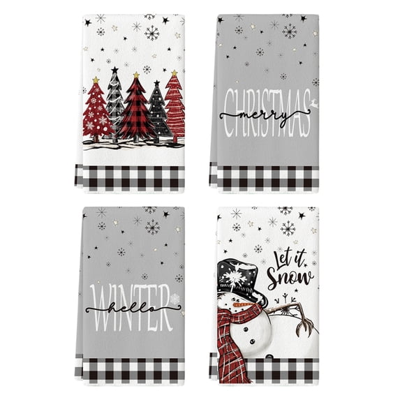 Sm:)e Black White Buffalo Plaid Snowman Xmas Trees Christmas Kitchen Dish Towels 18 x 26 Inch Set of 4,Holiday Themed Winter Hand Towels for Kitchen and Dining Table