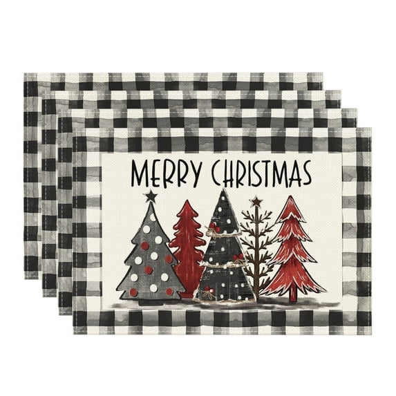 Smile Black and White Buffalo Plaid Christmas Trees Winter Christmas Placemats Set of 4, 12 x 18 Inch