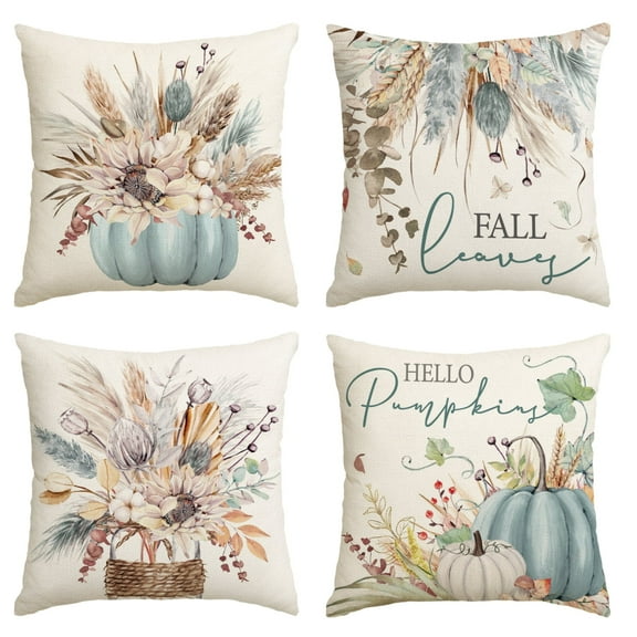 Sm:)e Blue Pumpkin Autumn Fall Thanksgiving Throw Pillow Covers, 18 x 18 Inch Seasonal Cushion Case for Sofa Couch Set of 4