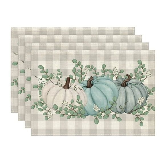 Smile Blue Pumpkins Eucalyptus Leaves Fall Thanksgiving Table Placemat 4 Set 12 x 18