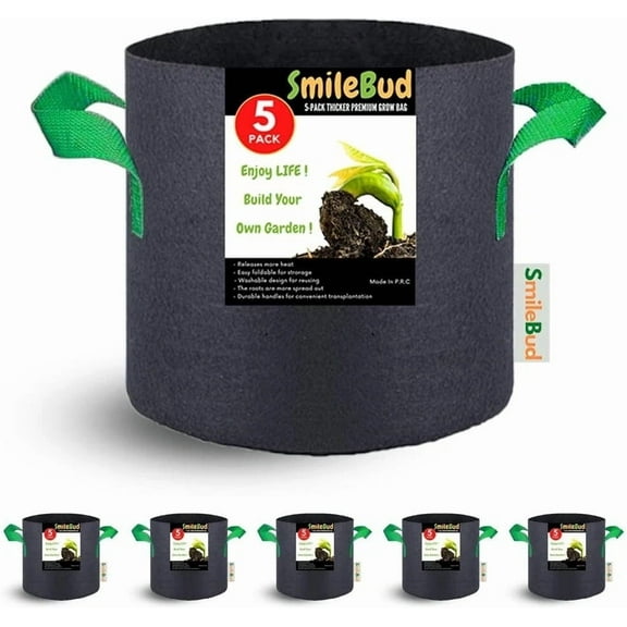 Smile Bud 5-Pack 7 Gallon Grow Bags | Thickened Fabric Pots with Handles