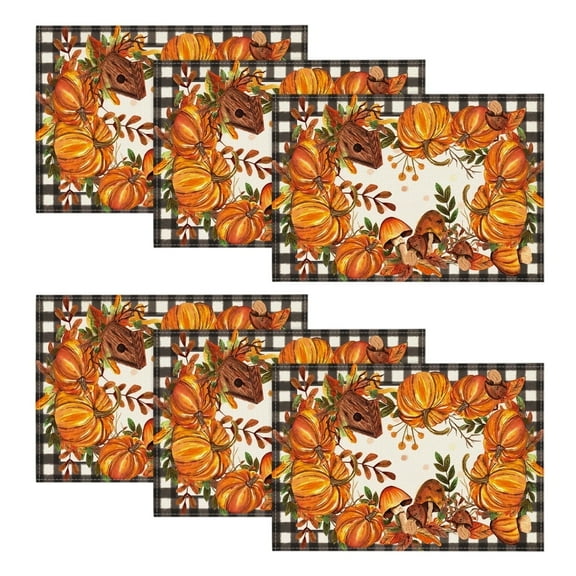 Smile Buffalo Check Plaid Fall Table Placemats 12 x 18 Set of 6, Harvest Thanksgiving Pumpkins Mushrooms Birdhouse Maple Leaves