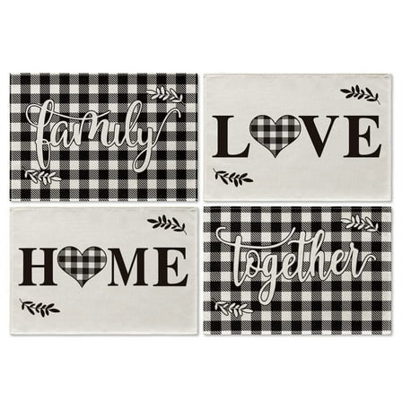 Smile Buffalo Check Plaid Placemats 12 x 18 Inch Set of 4, Black and Off White