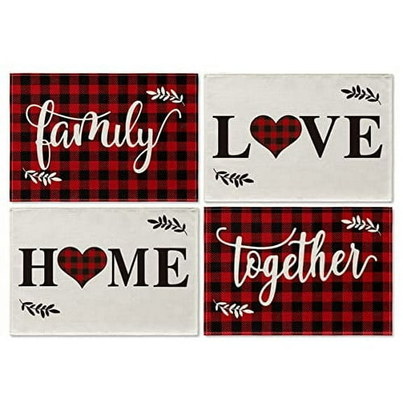 Smile Buffalo Check Plaid Placemats 12 x 18 Inch Set of 4, Black and Red