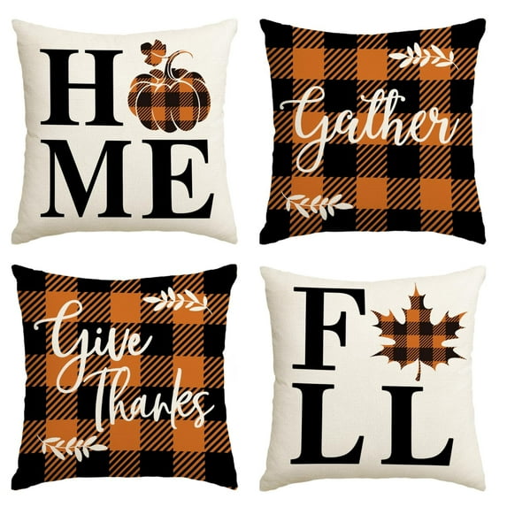 Sm:)e Buffalo Check Plaid Pumpkin Maple Leaf Fall Thanksgiving Throw Pillow Covers 18 x 18 Set of 4, Orange